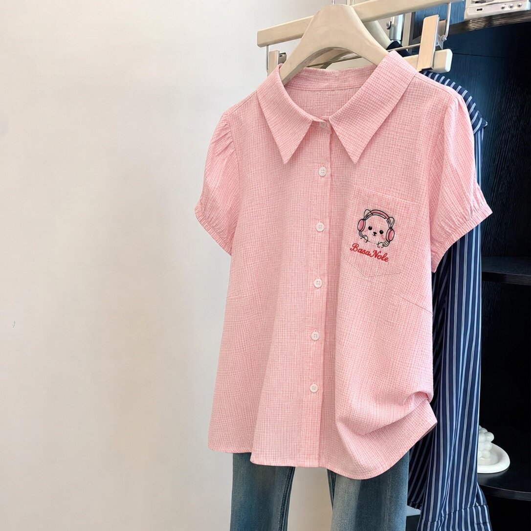 韩系少女学院风粉色条纹翻领短袖衬衫女夏季时尚百搭宽松减龄上衣