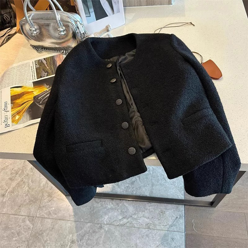 黑色高级感百搭短款毛呢外套女秋冬气质小香风粗花呢圆领法式上衣,女装/女士精品,短外套,淘宝优惠券,粉丝福利购,淘宝优惠卷