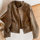 美拉德复古咖色圆领麂皮绒短外套女春秋小个子别致单排扣夹克上衣