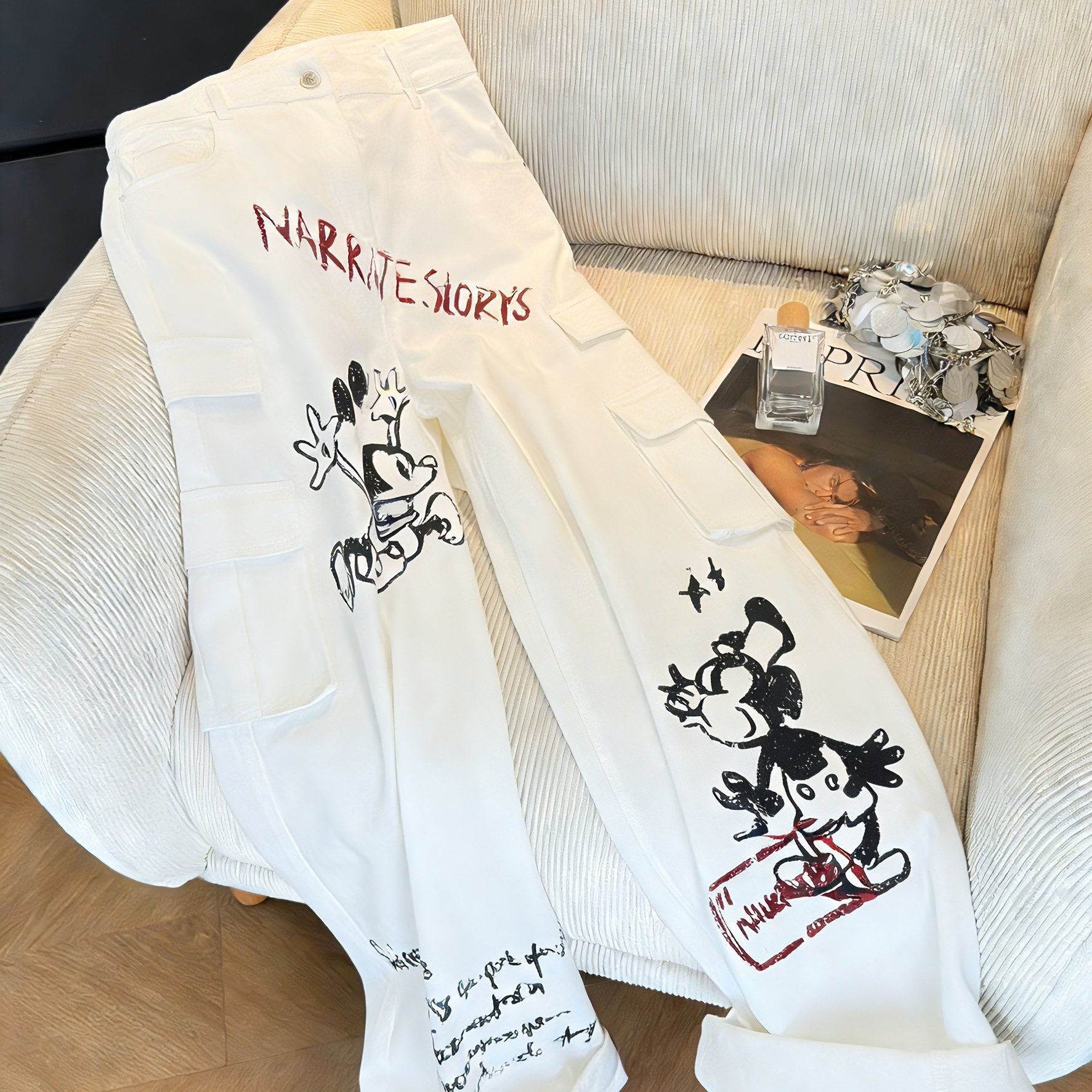 日系复古卡通漫画字母印花白色牛仔裤春秋韩系高腰宽松直筒阔腿裤