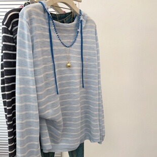 时尚小清新撞色连帽蓝色条纹薄款针织衫春秋韩系小众宽松百搭上衣
