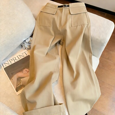韩系双口袋设计高腰休闲阔腿裤女春秋辣妹高街卡其色显瘦直筒长裤