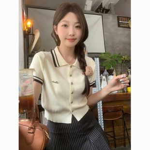 超火减龄上衣学院风百搭polo领短袖 设计感百搭 针织衫 T恤女夏季