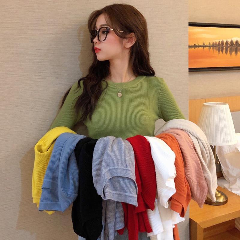 纯色螺纹针织打底衫女春秋2025新款毛衣洋气内搭紧身圆领长袖上衣