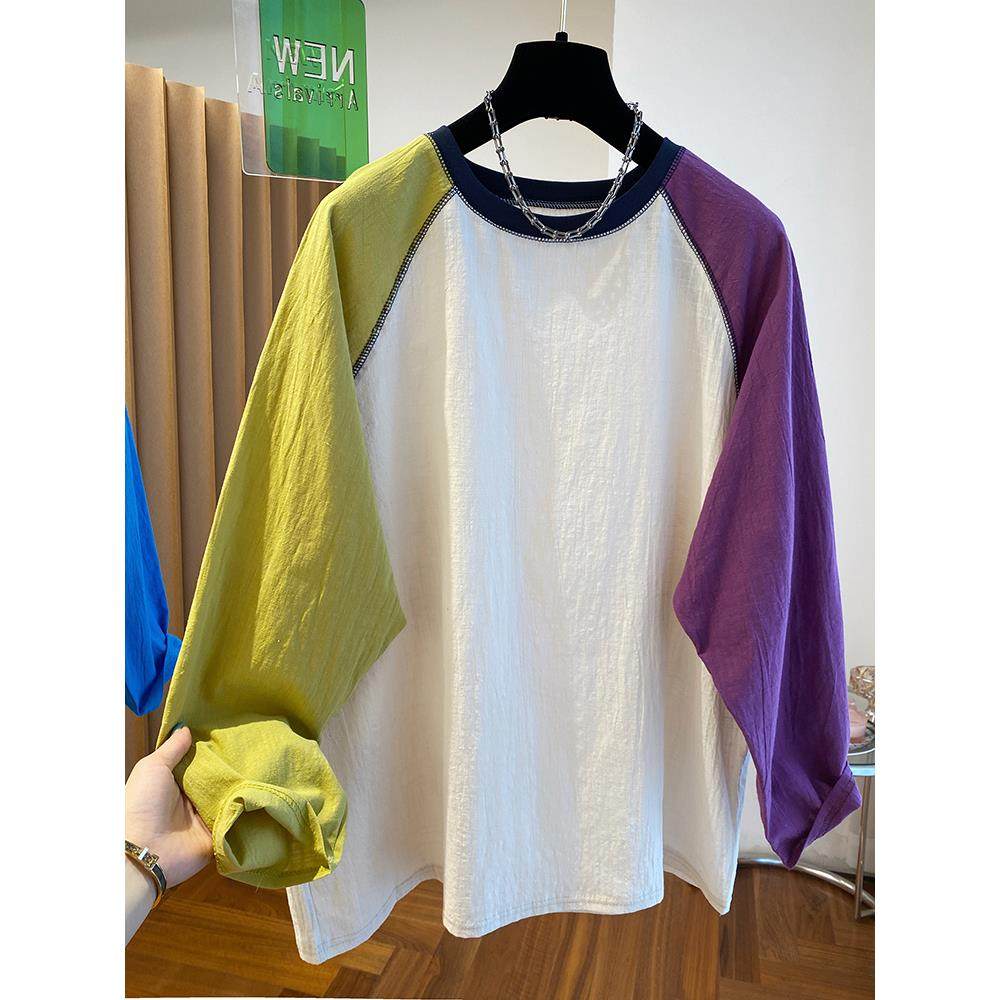 超大号150kg色块女式长袖t恤2024全新早秋宽松时尚减龄底衫上衣