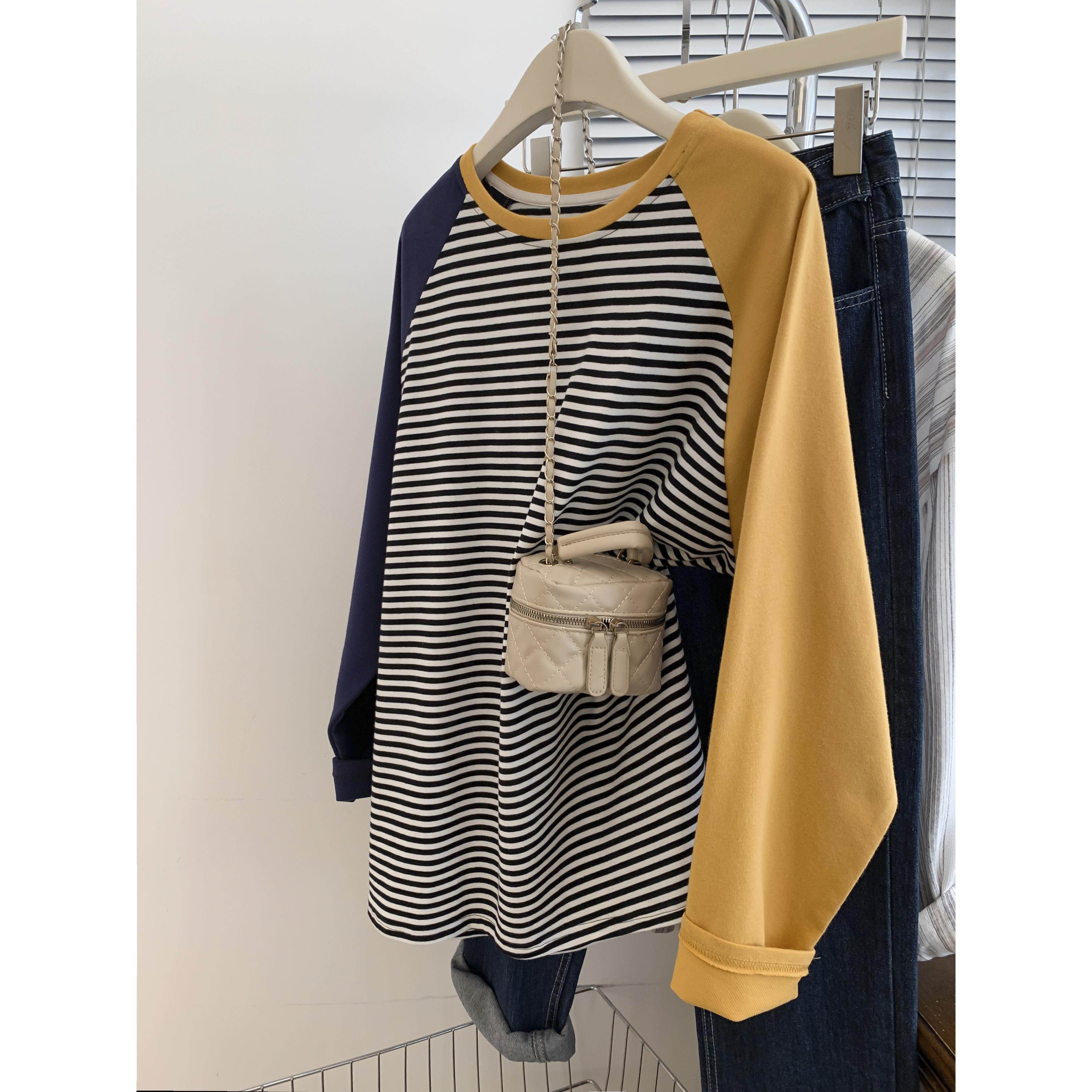 超大码150kg加码色块条纹长袖女式t恤2024新款春秋季松底衬衫上衣