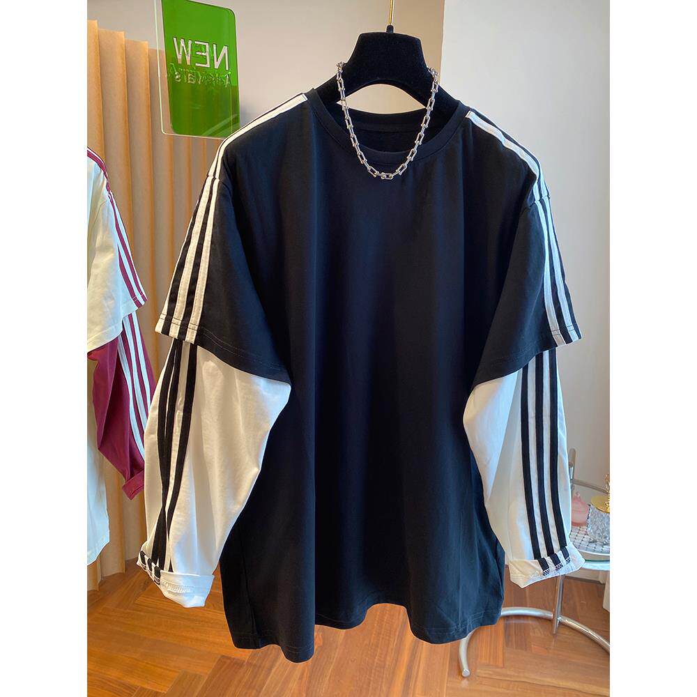 超大码150kg美国宽松假两件套长袖女式t恤2024新款春秋韩式薄上衣