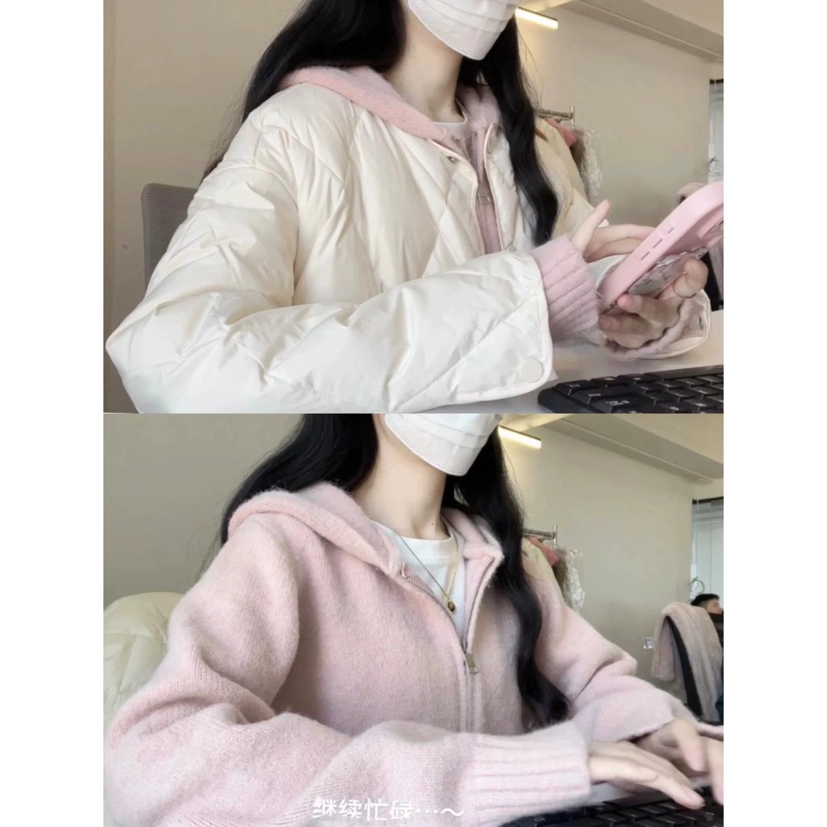 粉色连帽针织衫外套女秋冬季宽松慵懒风拉链毛衣春装开衫短款上衣