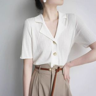 t恤高级感小百搭 超火减龄上衣Polo衫 冰丝针织衫 女夏季 正肩短袖
