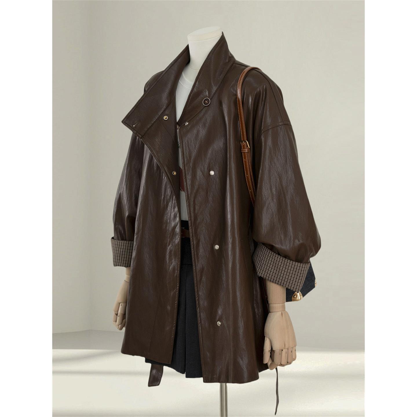 大码女装翻领气质百搭西装皮衣外套女秋季新款中长款宽松显瘦皮衣