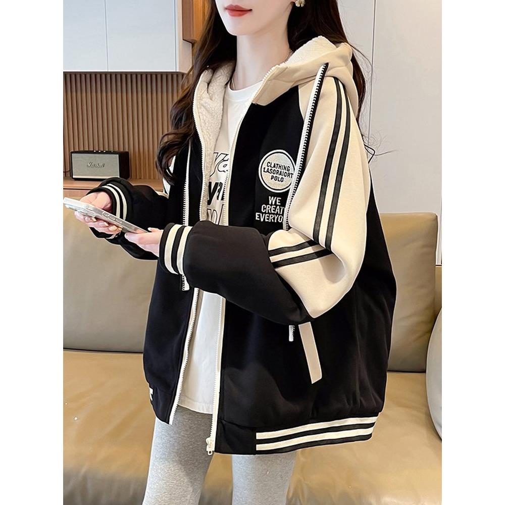 初高中学生超好看学院风连帽卫衣棒球服女秋冬加绒加厚羊羔毛外套