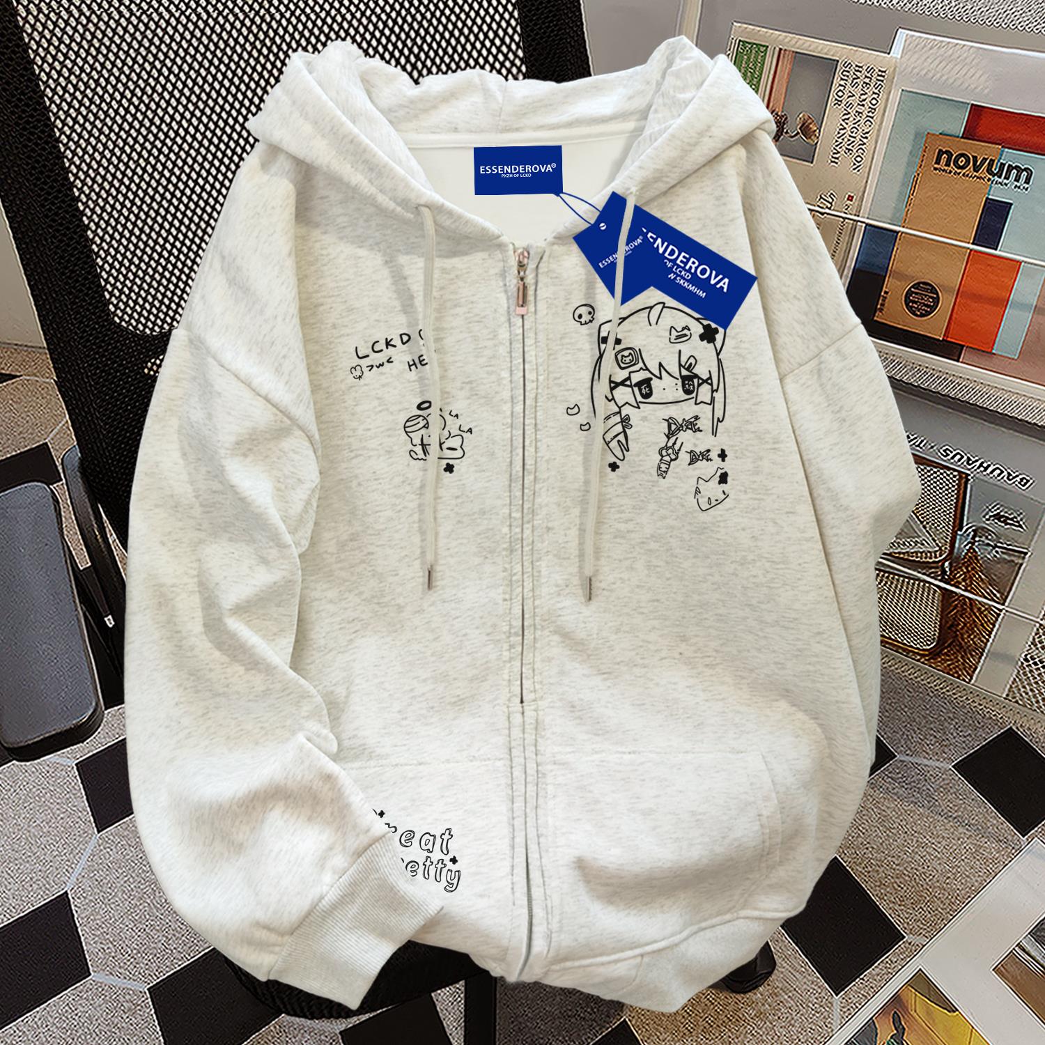 美式街头Vibe风设计感开衫连帽外套女简约卡通亚文化长袖拉炼卫衣