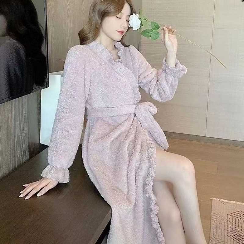 睡袍女秋冬珊瑚绒加厚加绒长款睡衣比纯棉洗澡浴袍家居服长袖睡裙