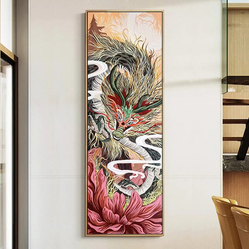 新中式纯手绘十二生肖龙油画书房客厅装饰画玄关动物卡通日式挂画图片