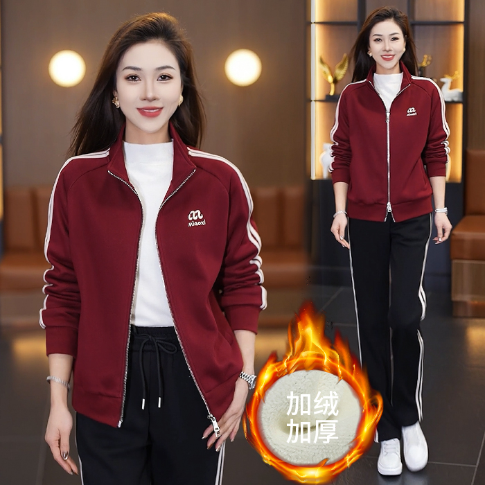 2025冬季新款加绒加厚女装韩版宽松立领运动服休闲套装两件套