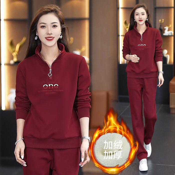 加绒加厚女装2025冬季新款韩版宽松立领运动服休闲套装两件套