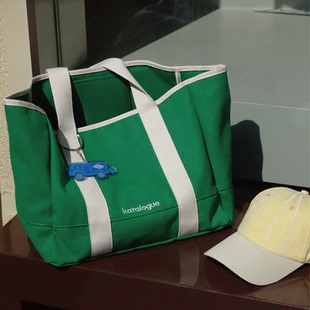 Katalogue复古拼色托特包日系厚实大容量男女挂件清新出游手提包