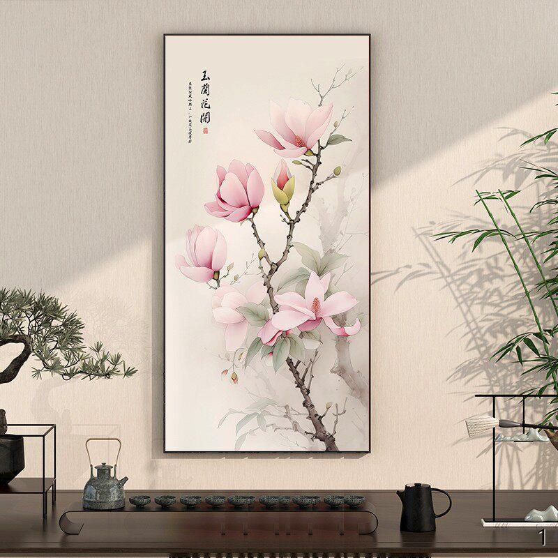 中国风玄关画牡丹装饰画民宿挂画竖中式茶馆布置壁画百合桂花国画