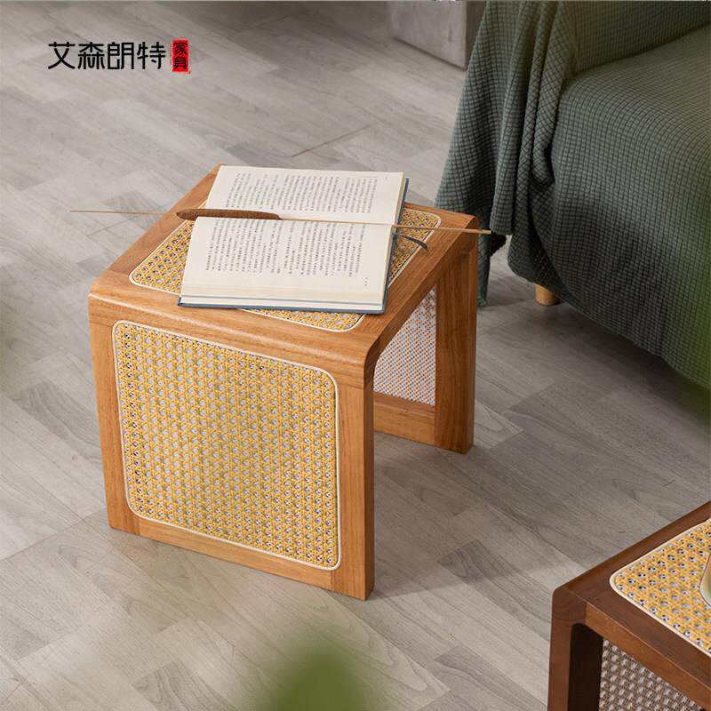 实木藤编小茶几客厅沙发边几飘窗茶桌中古床头边柜入户玄关换鞋凳