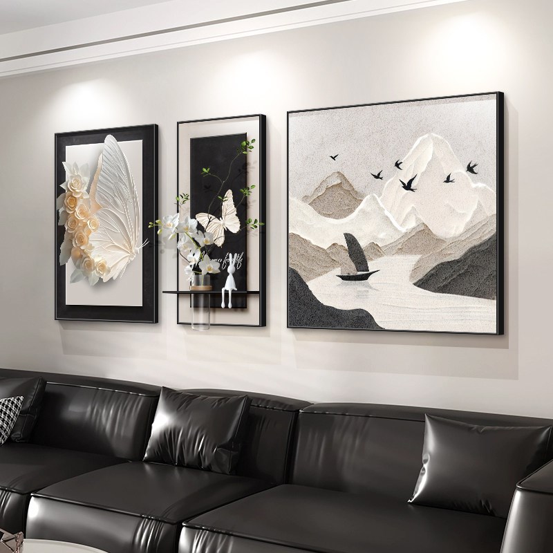 现代简约客厅装饰画高级感沙发背景墙挂画蝴蝶绿植水培组合壁画