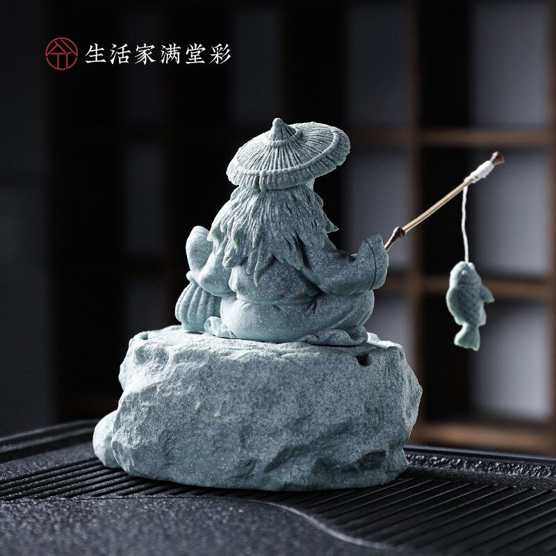 创意中式大号钓鱼老翁青砂石烟灰缸带盖防飞灰家用客厅办公室烟缸