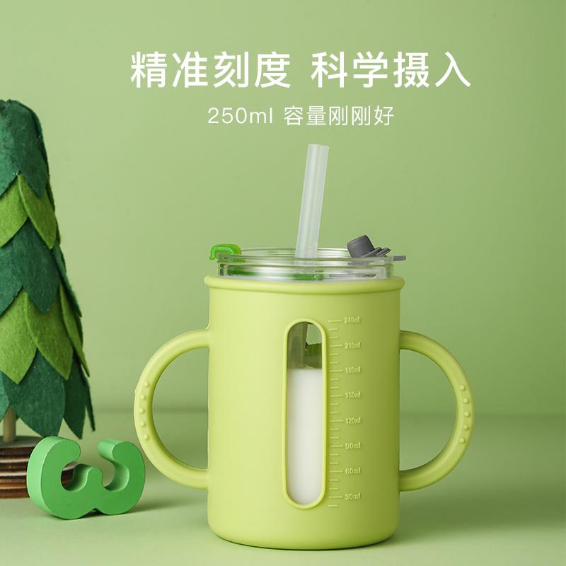 儿童牛奶杯防摔微波炉可加热宝宝带吸管冲泡专用喝奶粉刻度玻璃杯