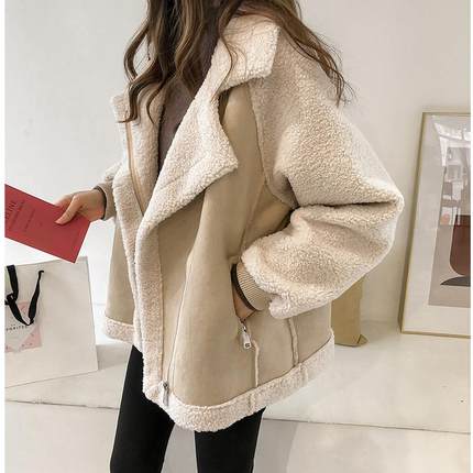 秋冬装新款宽松皮毛一体麂皮绒外套女短款羊羔绒机车服夹克潮