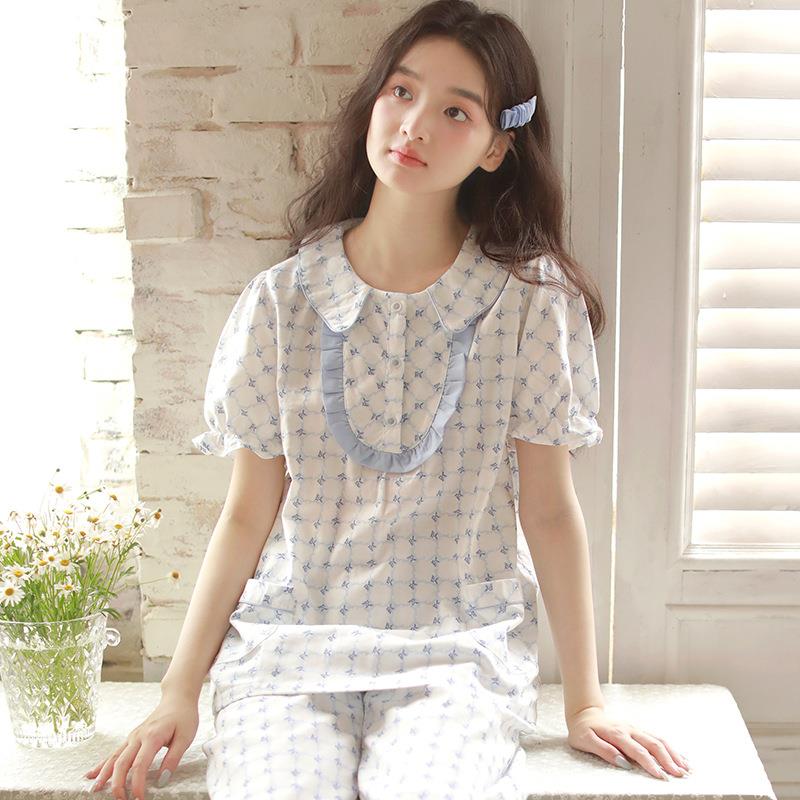 夏季新品纯棉女睡衣娃娃领甜美短袖七分裤家居服睡衣套装可外穿