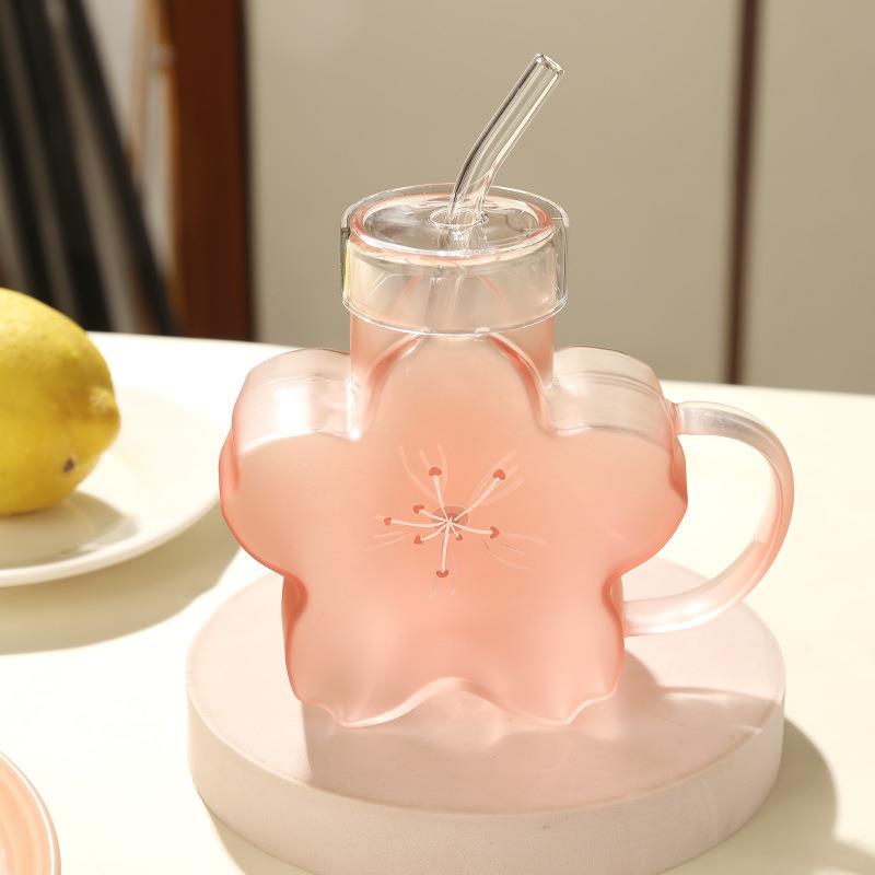 明尚德女士办公室玻璃杯耐高温可爱吸管杯卡通玻璃水杯果汁杯