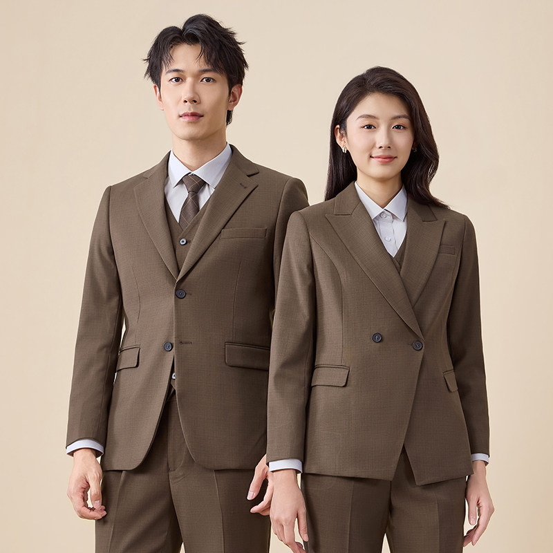 咖啡色西服套装商务男女职业正装修身时尚工作服秋季上班青年西装