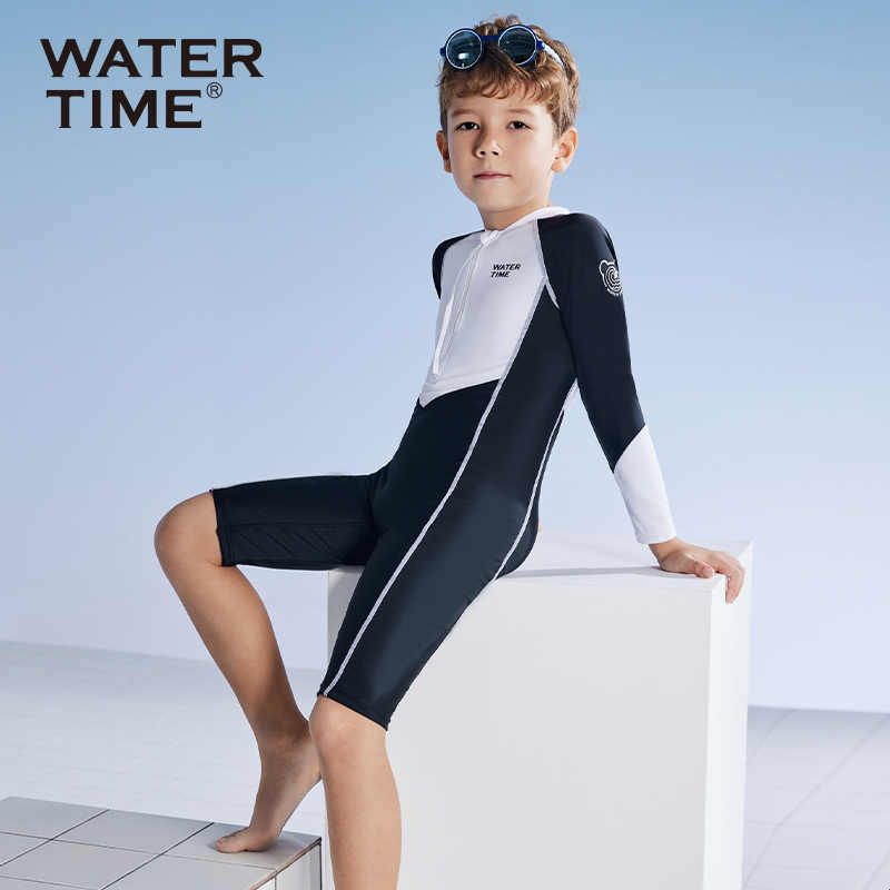WaterTime儿童泳衣男童冬季中大童连体速干防晒长袖男孩2025泳装图片