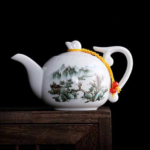 陶瓷功夫茶壶青花瓷单壶白瓷泡茶器家用小号花茶300毫升带过滤孔
