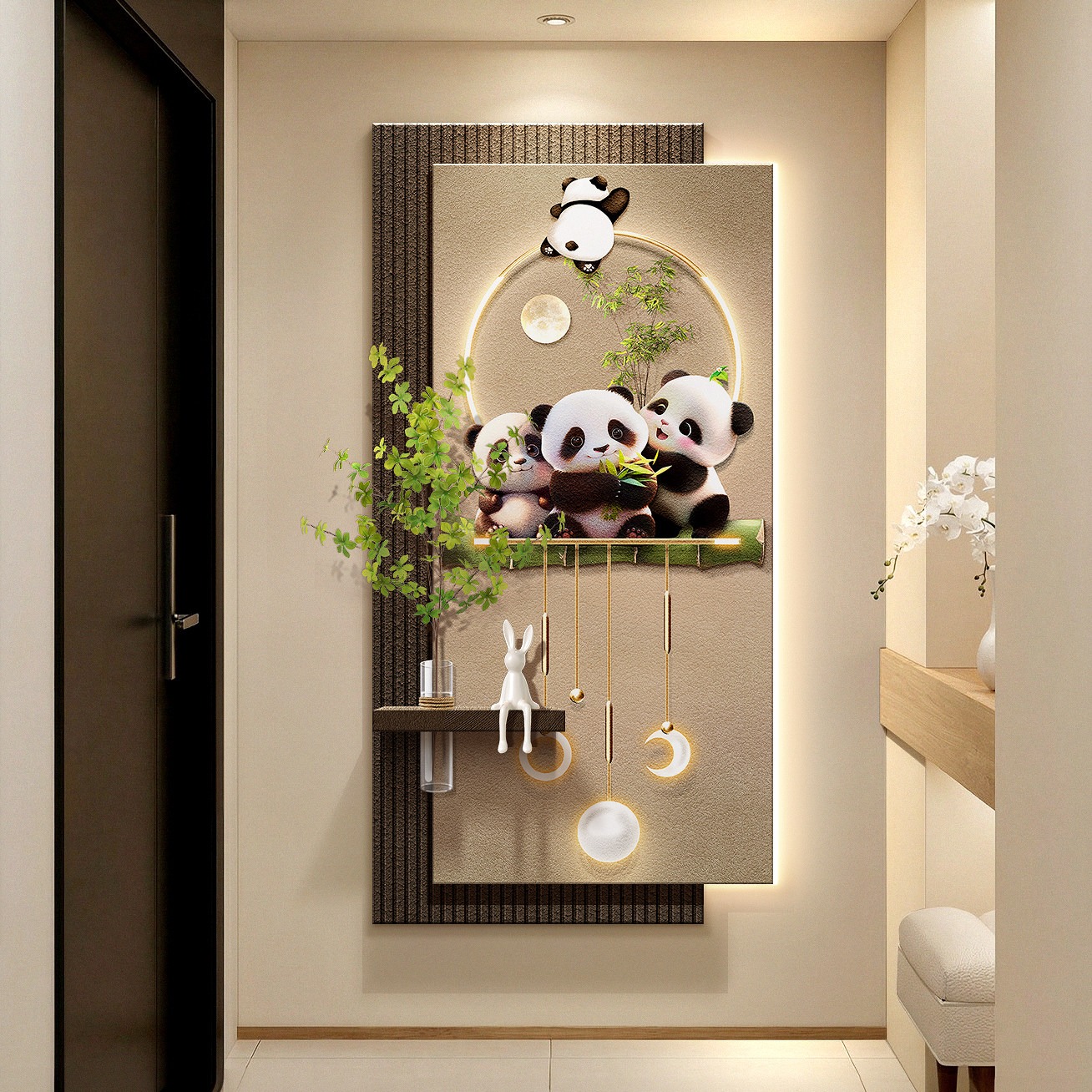 轻奢熊猫进门玄关装饰画卡通走廊砂岩壁画灯竹子入户水培绿植挂画