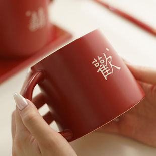 恒列结婚新人洗漱杯漱口杯家用情侣新婚红色陶瓷牙杯牙刷一对套装