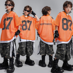 儿童街舞演出服套装男童嘻哈美式球衣女童酷帅短袖少儿hiphop潮服