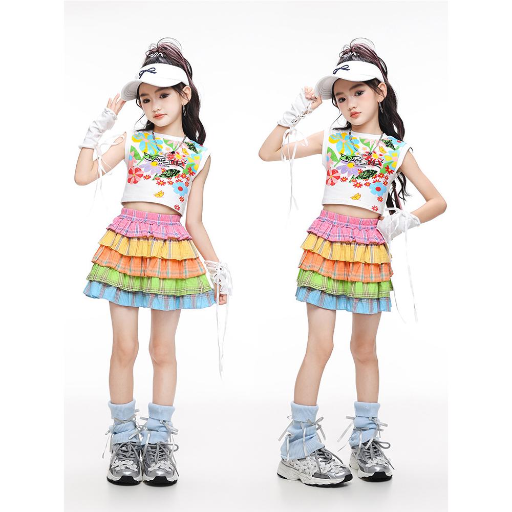 儿童爵士舞演出服女童韩版背心套装表演服女孩jazz舞蹈服五彩裙子