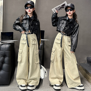 套装 女童短款 设计感休闲百搭时尚 阔腿长裤 潮酷 机车皮衣外套工装