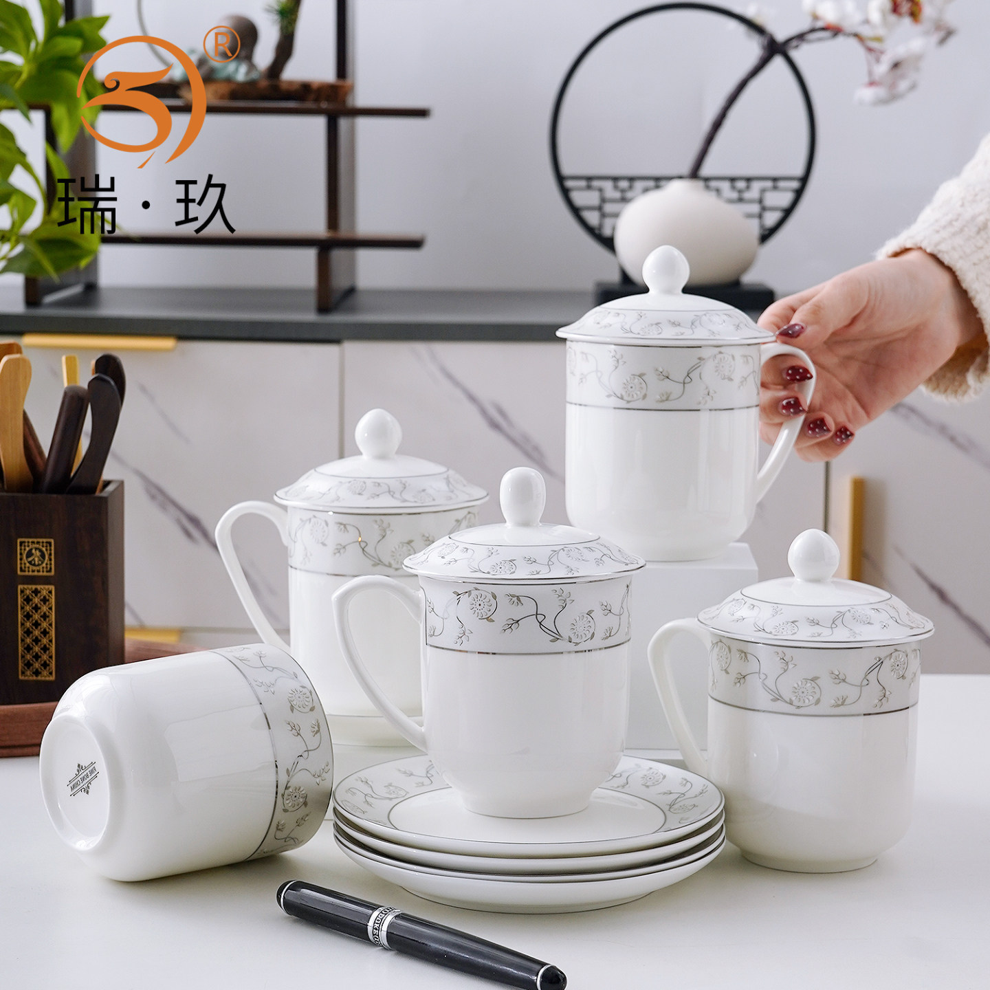 中式办公杯骨瓷带盖会议杯带底碟