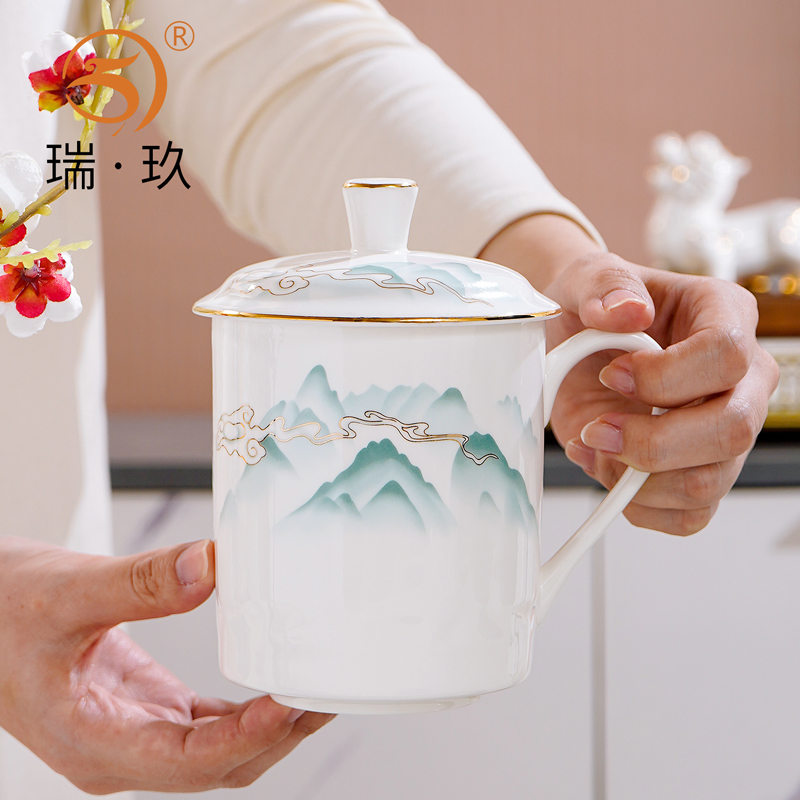 唐山骨瓷办公杯描金商务水杯个人专用陶瓷茶杯带盖办公杯定制瓷杯