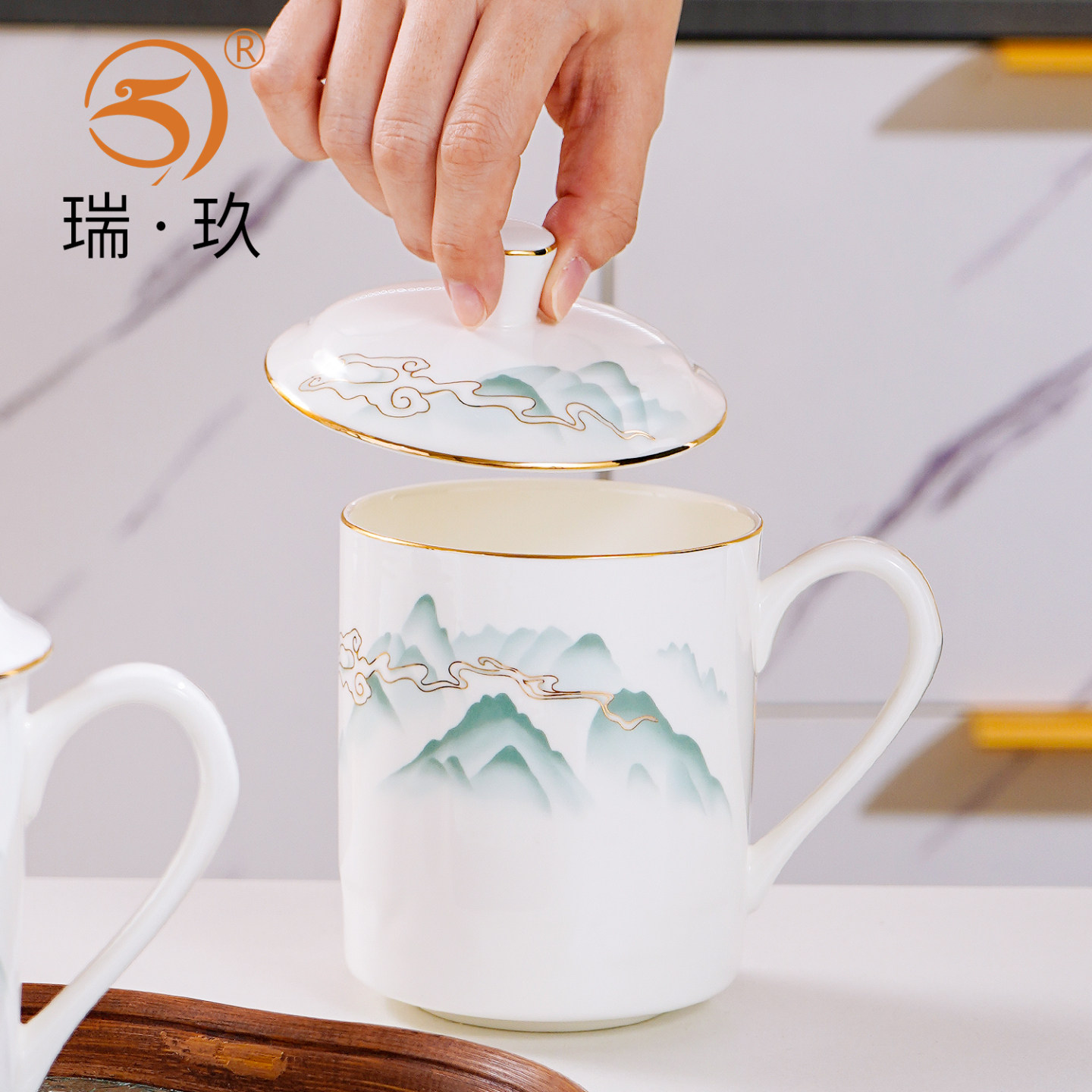 骨瓷办公杯带盖茶杯商务个人专用陶瓷杯子描金水杯办公室可定制杯