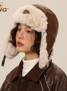 IIING 毛绒雷锋帽男女秋冬加厚保暖护耳防风防寒复古皮革飞行帽子