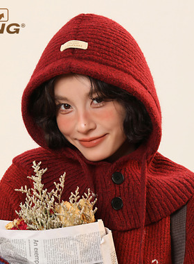 IIING 安可拉红色针织帽子围巾一体保暖护耳显脸小巴拉克拉法帽女