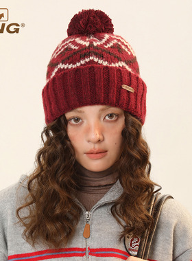 IIING 费尔岛红色毛线帽子女秋冬毛球加厚保暖显脸小羊毛针织帽男