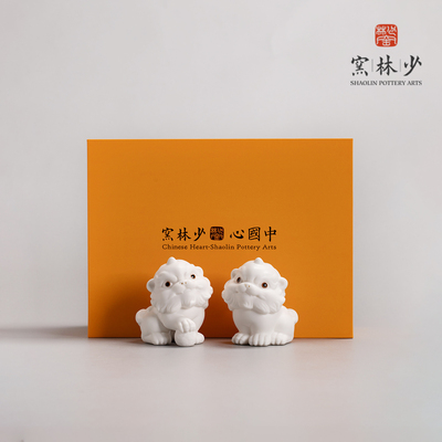 少林窑高档陶瓷狮子摆件小号招财店铺办公客厅茶桌面装饰品礼盒装