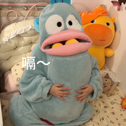 汉顿丑鱼连体睡衣女珊瑚绒加厚保暖鱼嘴睡衣冬季卡通搞怪情侣睡袍