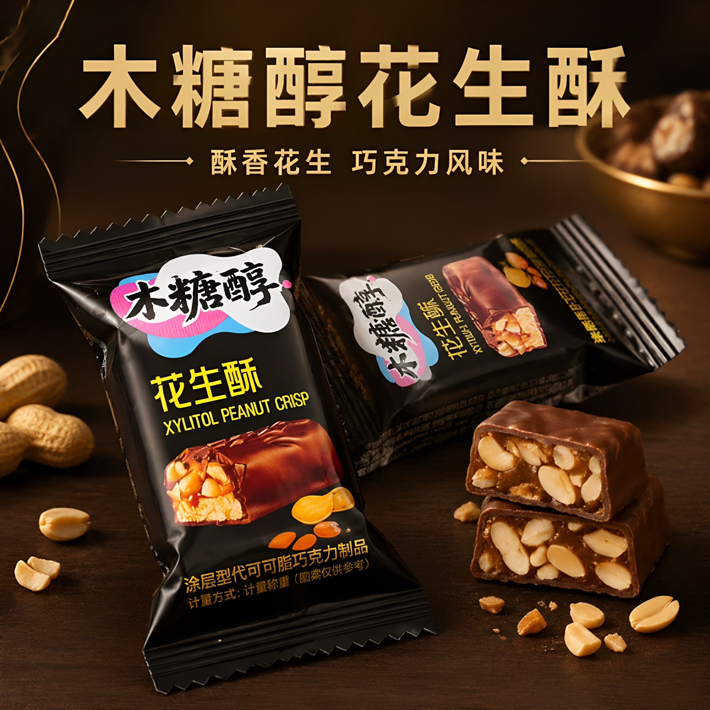 巧克力花生酥木糖醇无添加蔗糖糖果夹心办公室休闲解馋零食品袋装