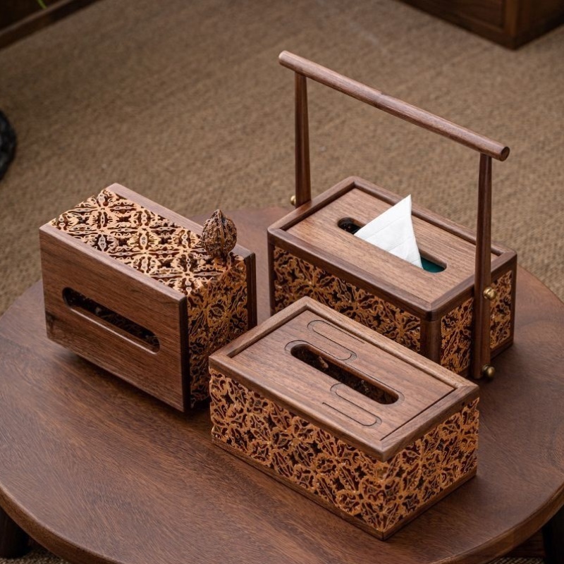 核桃黑胡桃木纸抽盒新中式纸巾盒轻奢客厅餐厅酒店餐桌餐巾抽纸盒