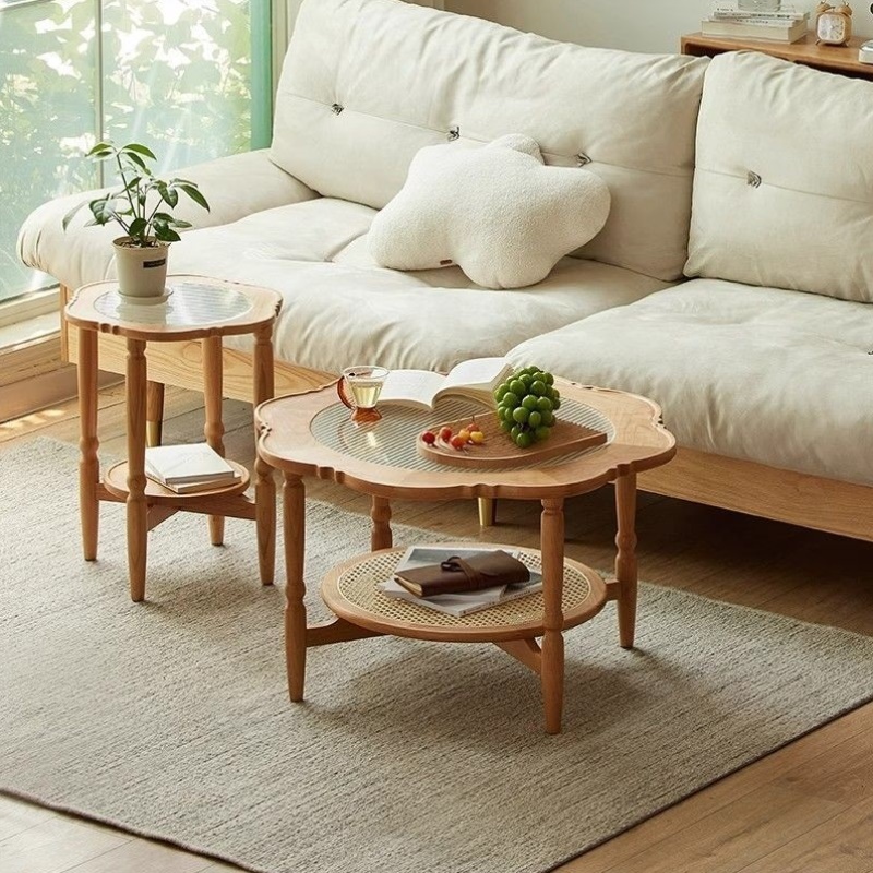 实木茶几小户型客厅美式原木风中古风花瓣复古花边玻璃圆边几日式