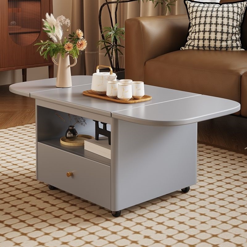 奶油折叠茶几餐桌简约两用多功能现代家用伸缩客厅茶桌小户型移动