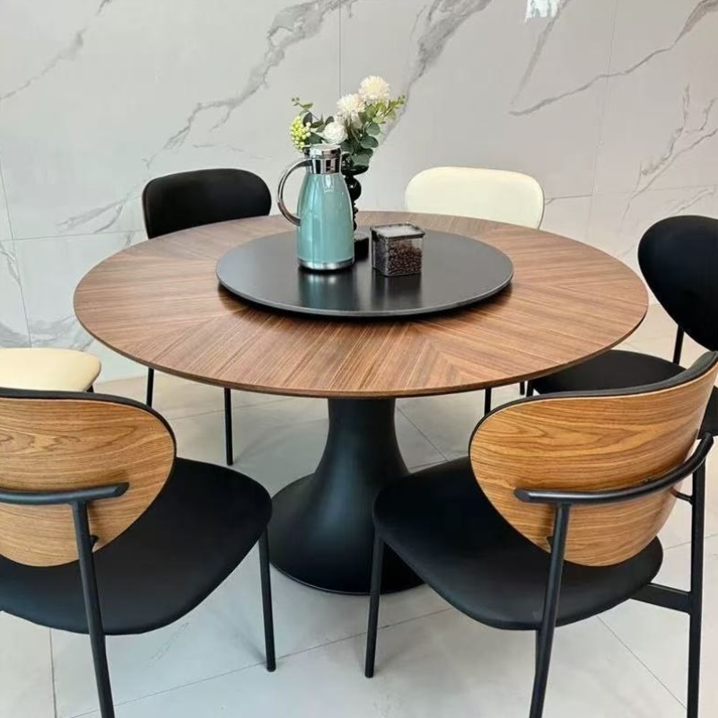 法式中古风复古实木圆形餐桌家用小户型带转盘圆形组合饭桌椅简约